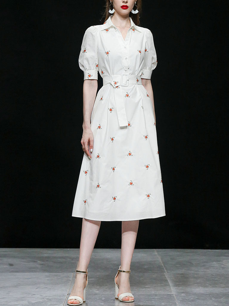 White Embroidered Shirt Lapel 1950S Comfortable Cotton Vintage Dress