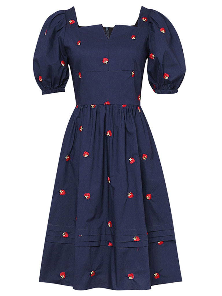 Navy Embroidered Vintage Square Neck Puff Sleeve Mini Dress