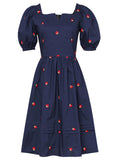 Navy Embroidered Vintage Square Neck Puff Sleeve Mini Dress