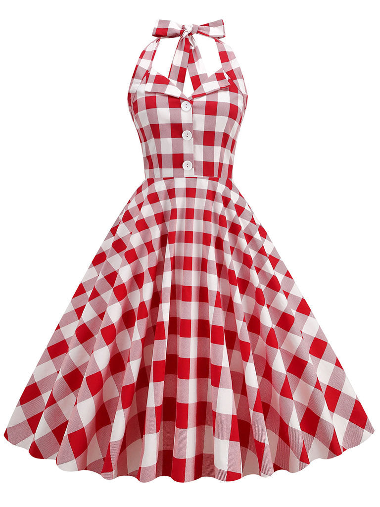 Red And White Plaid Pockets Vintage Halter 1950S Dress