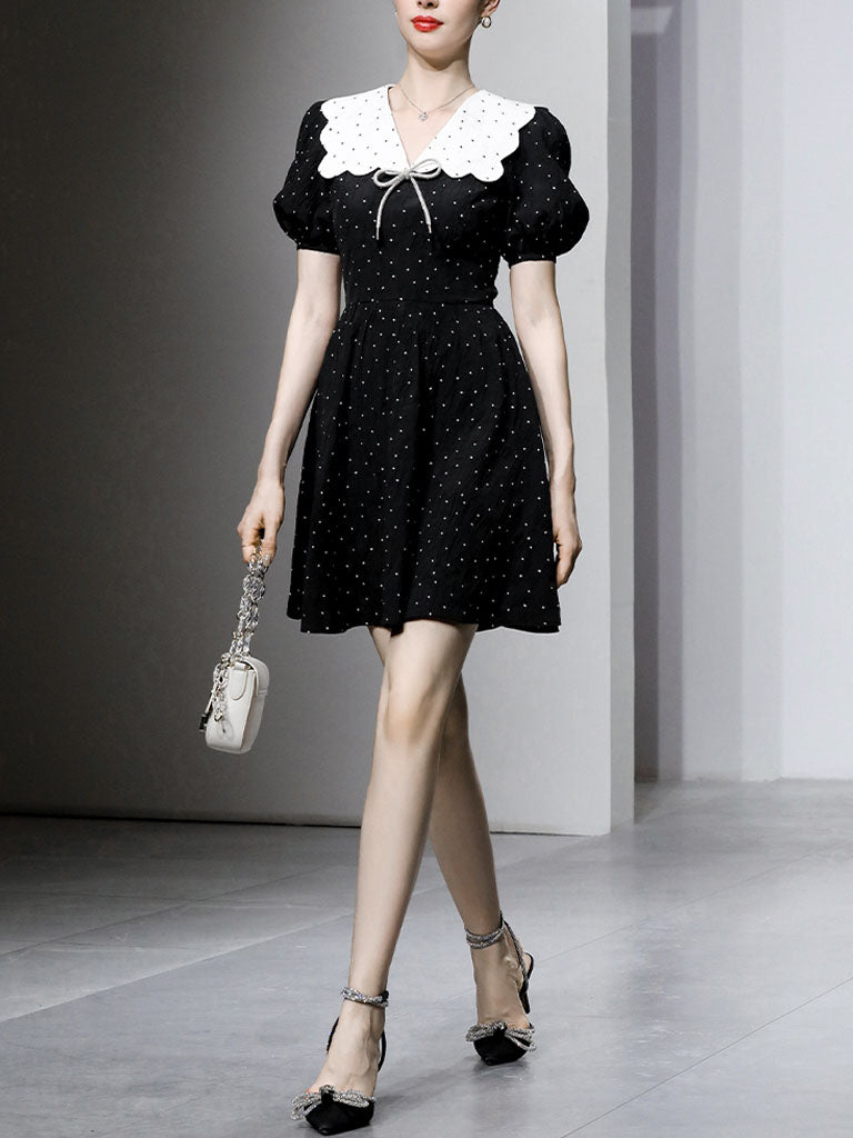 Polka Dot Doll Collar Puff Sleeves Mini Black Dress Vintage Style