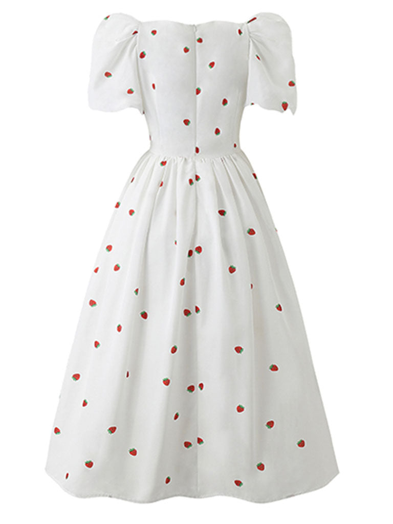 White Strawberry Bow Sweet Heart Collar Puff Sleeve Swing Fairy Dress