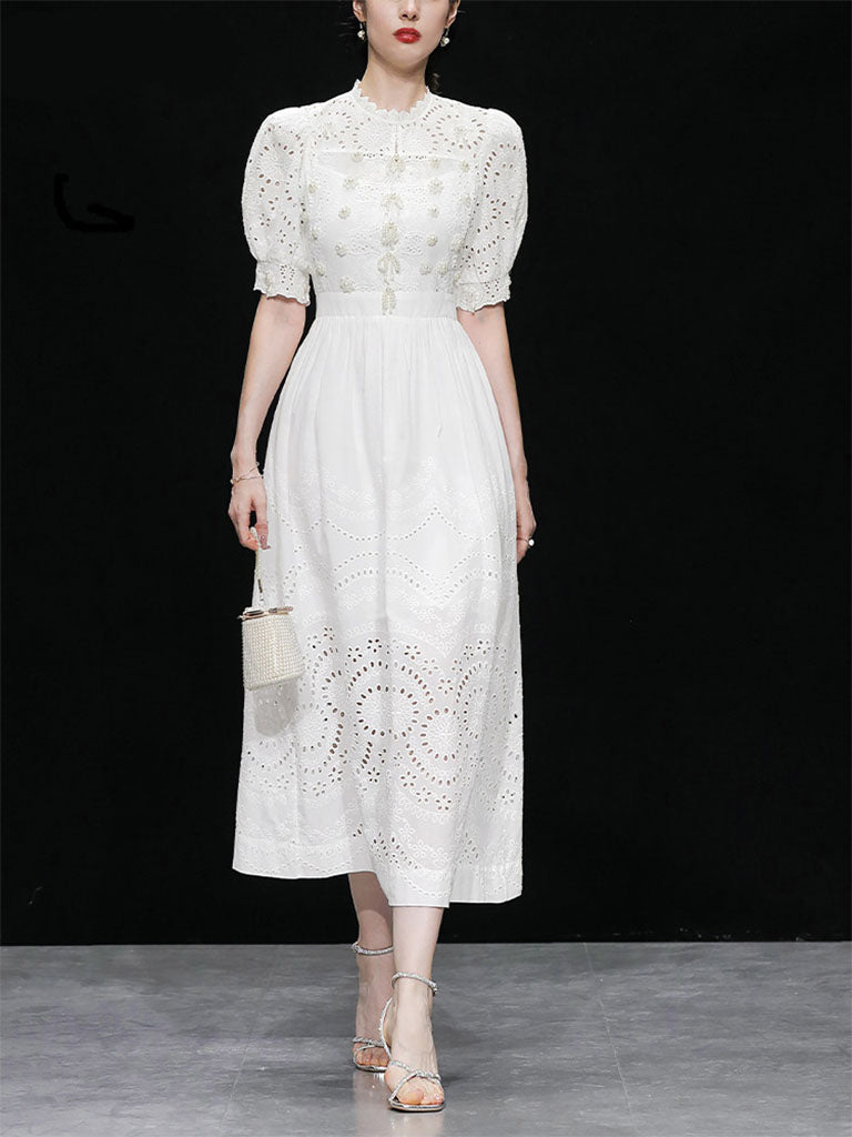 White Hollow Embroidered Pearl Puff Sleeve Lace Sweet Vintage Princess Dress