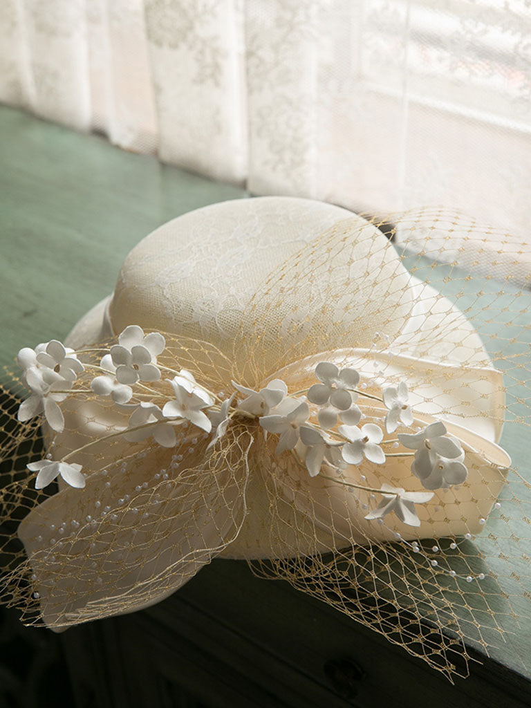 Beige Flower Bow Wedding Hat