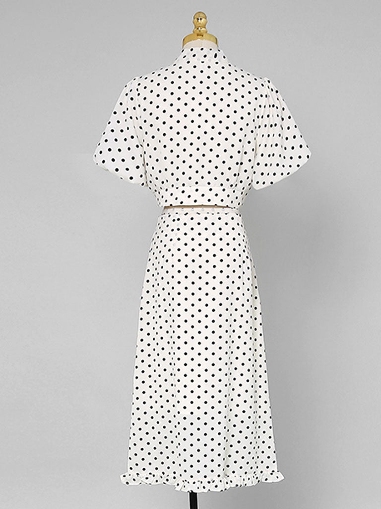 2PS Tie Bow Cropped Polka Dot Top Apricot Ruffle A-Line Skirt Set
