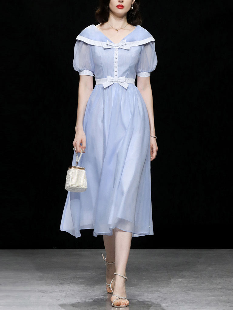 Baby Blue Big Shawl Collar Sweet Bow Vintage Princess Dress