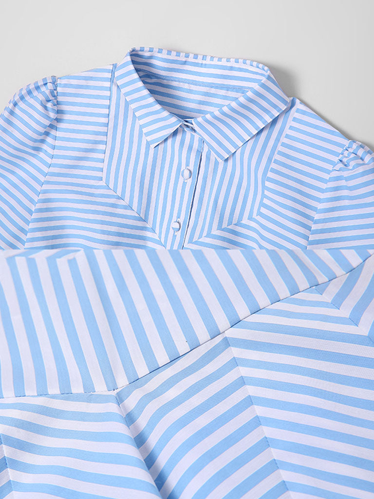 Blue Stripe Turn Down Collar 1950S Vintage Dress