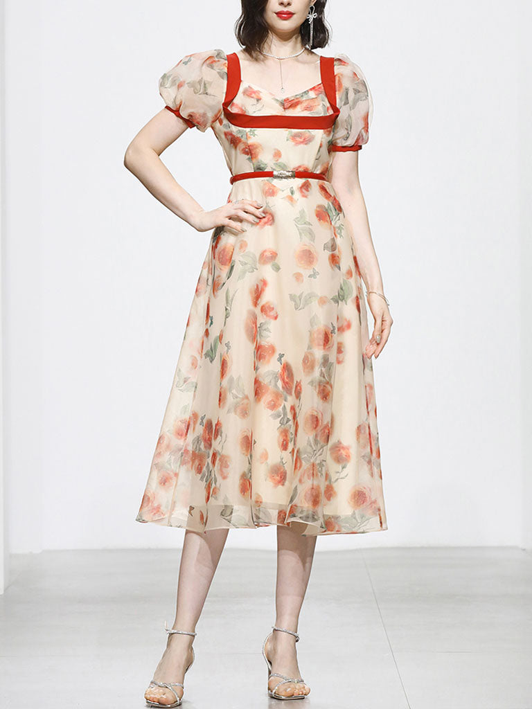 Romantic Rose Manor Retro Lantern Sleeve Wavy Organza Dress