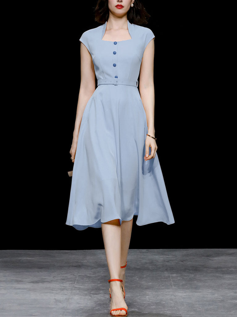 Retro Square Collar Hepburn Style Waist-length High-waisted Vintage 1950S Dress