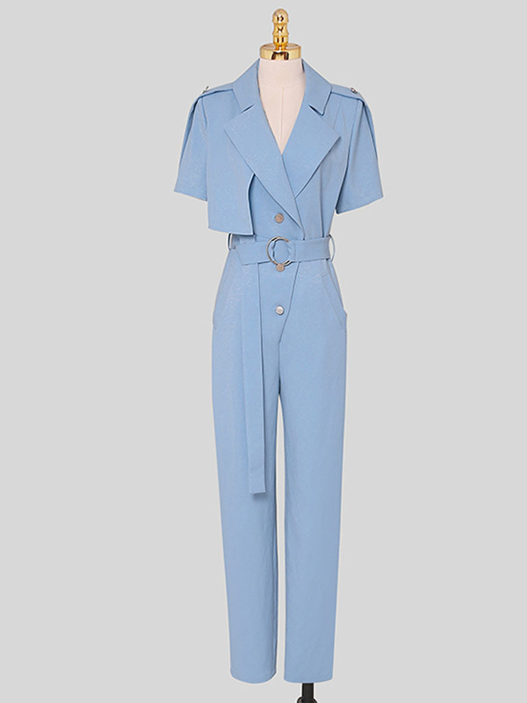 Lapel Collar Short Sleeve Asymmetric Design Belted Waist Jumpsuit