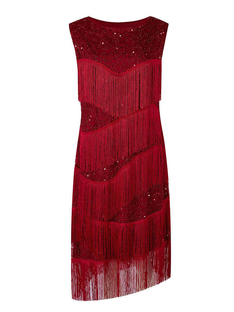 Wine Red Gatsby Glitter Fringe 1920s Flapper Dress Set