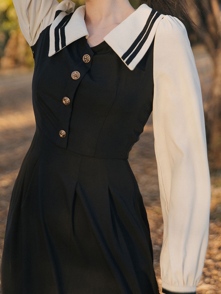 Black Sailor Collar Long Sleeve Swing Vintage Dress