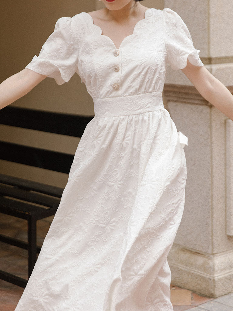 White Wavy V-Neck Embroidered Fairy Dress