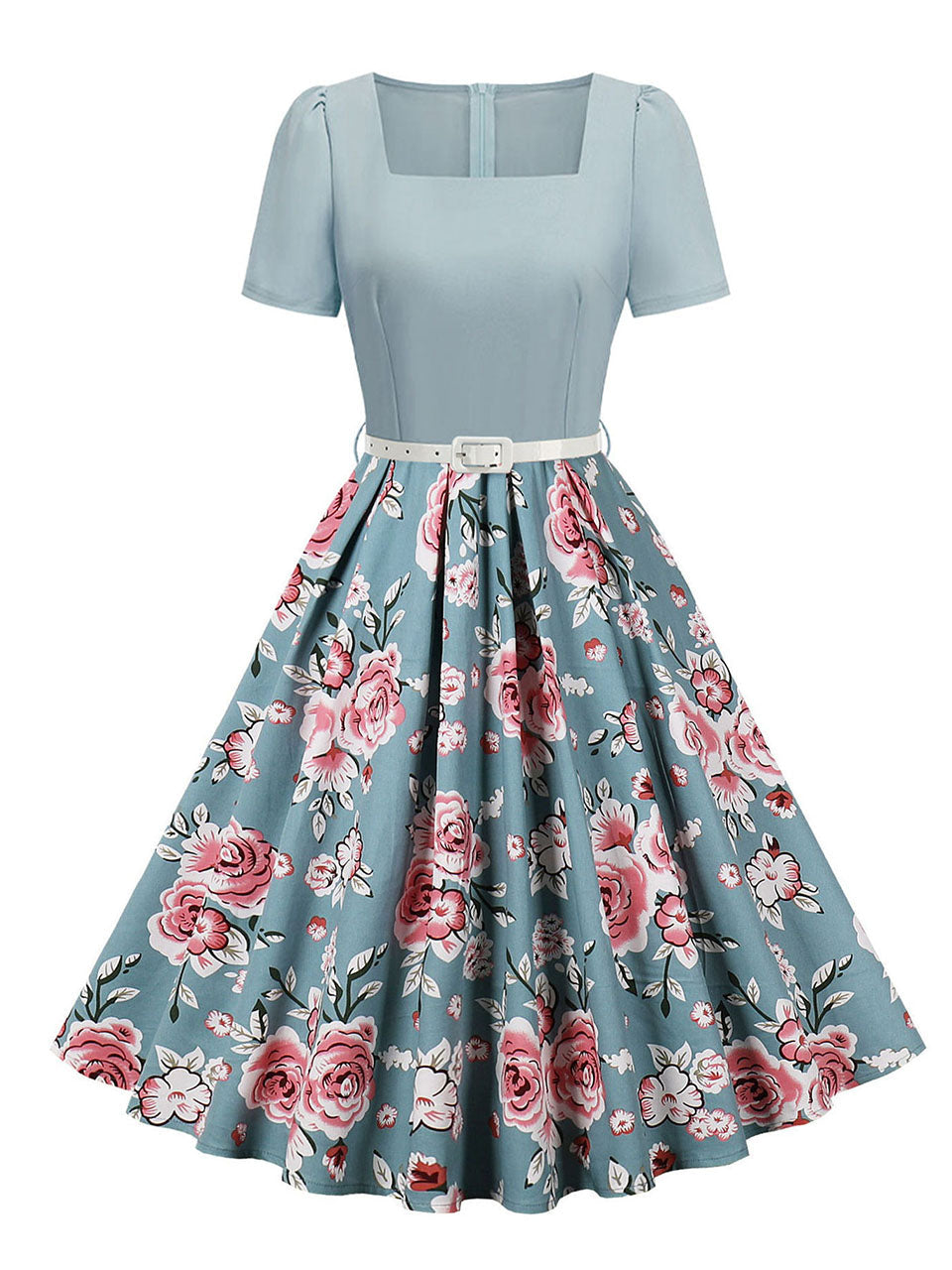 1950s Vintage Floral Print Sweetheart Audrey Hepburn Style Rockabilly Swing Dress