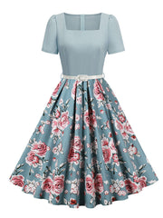 1950s Vintage Floral Print Sweetheart Audrey Hepburn Style Rockabilly Swing Dress