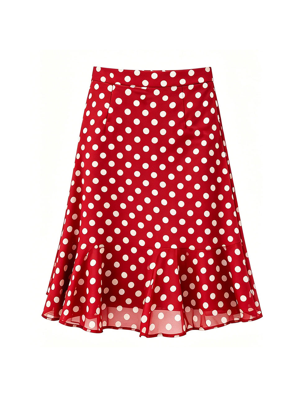 1950s Vintage Red Chiffon Shirt & Polka Dot Mermaid Midi Skirt Set