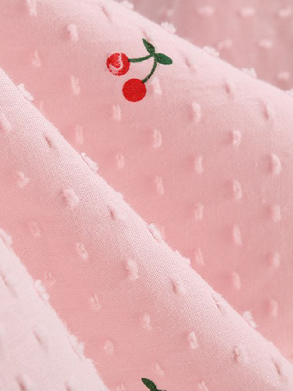 Vintage 1950s Pink Cherry Print Swiss Dot Spaghetti Straps Swing Dress