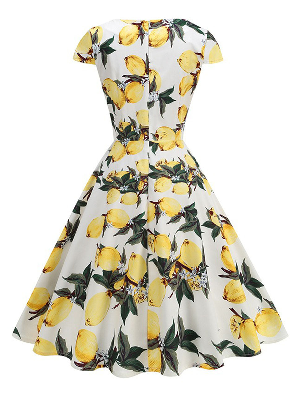 Vintage 1950s Lemon Print Cap Sleeve V Neck Rockabilly Swing Dress