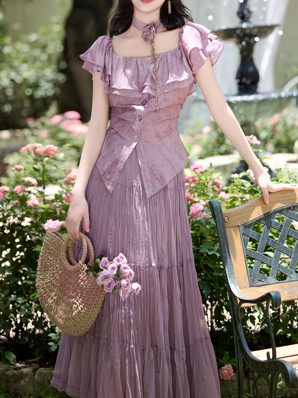 Lilac Off-The-Shoulder Ruffle Maxi Dress Set