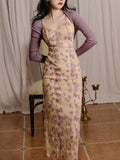 2PS Purple Floral Print Spaghetti Strap Bodycon Split Dress
