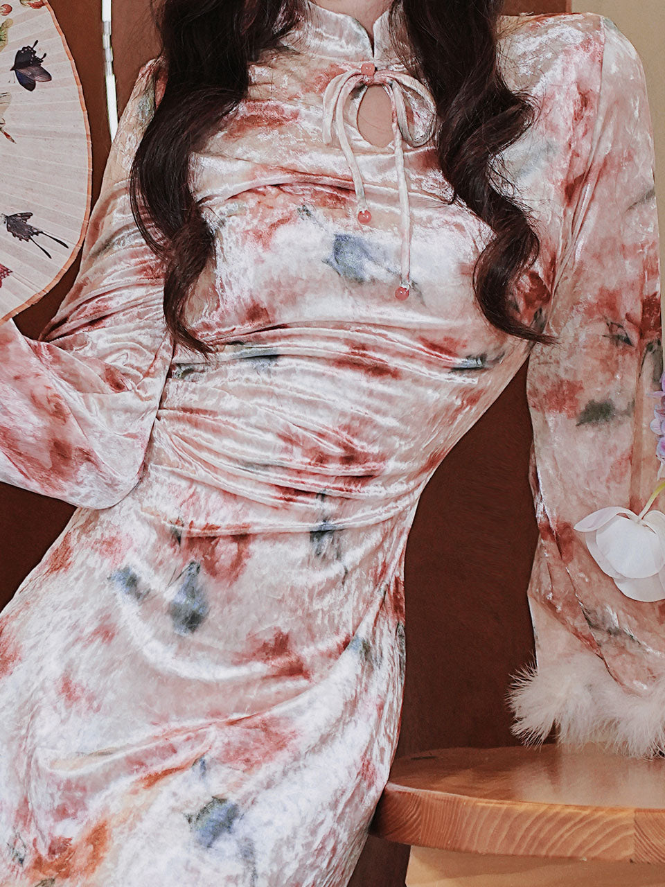 Pink Print Velvet Cuffs Fur Lined Plush Cheongsam Dress