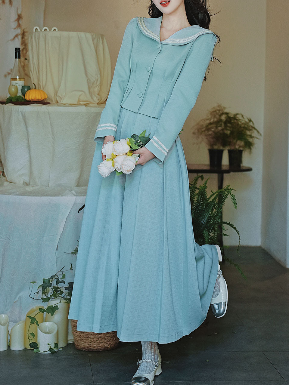 2PS Lake Blue Sailor Collar Tweed Coat