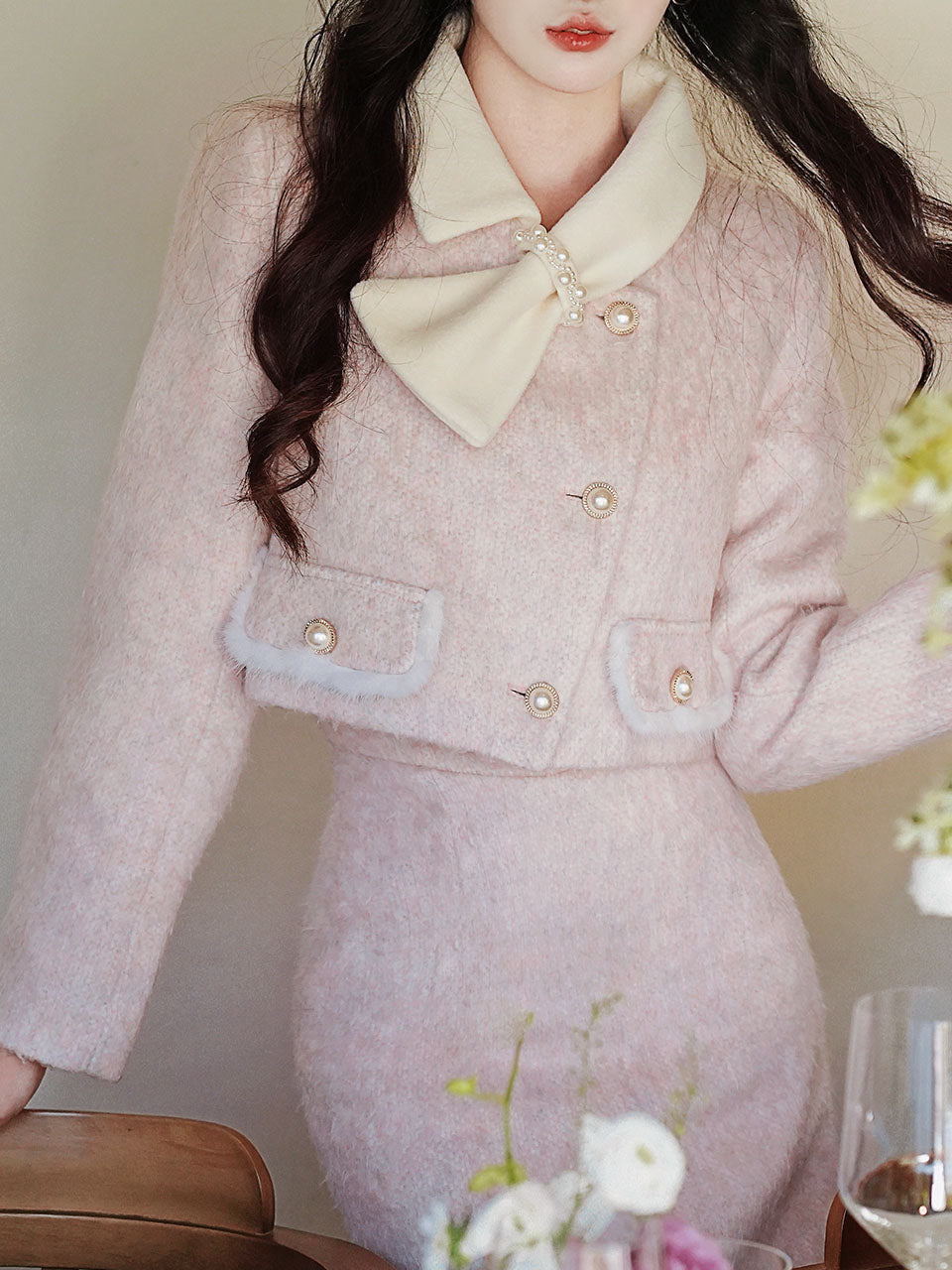 2PS Pink Turn Down Collar Long Sleeve Wool Coat