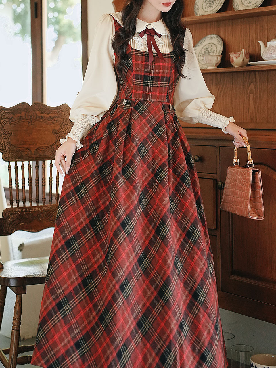 Red Tartan Wool Blend Jumper Dress