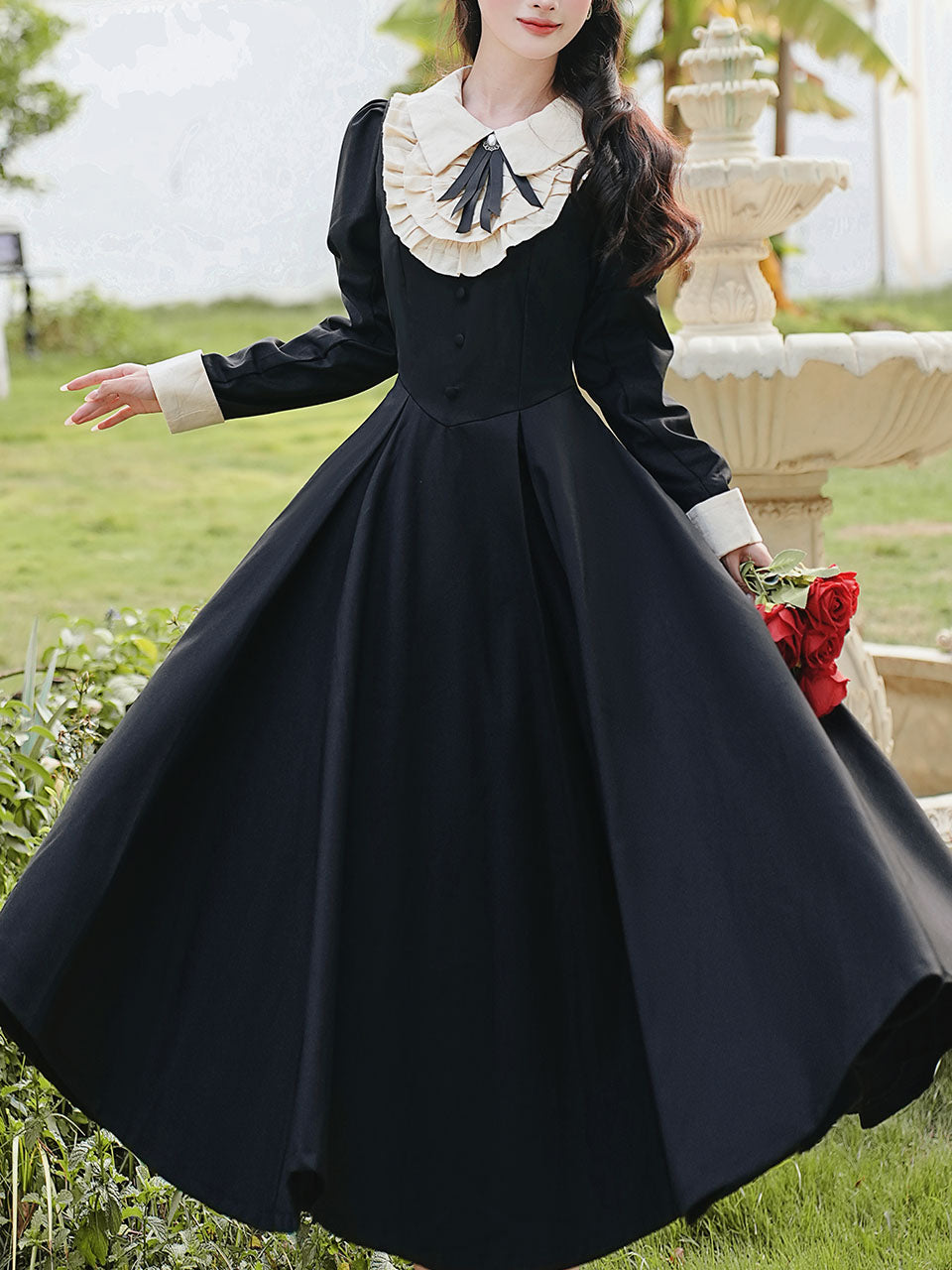 White Lace Collar Long Sleeve Black Edwardian Revival Dress
