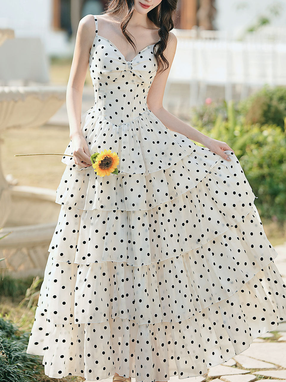 Vintage White Polka Dots Spaghetti Strap Maxi Dress