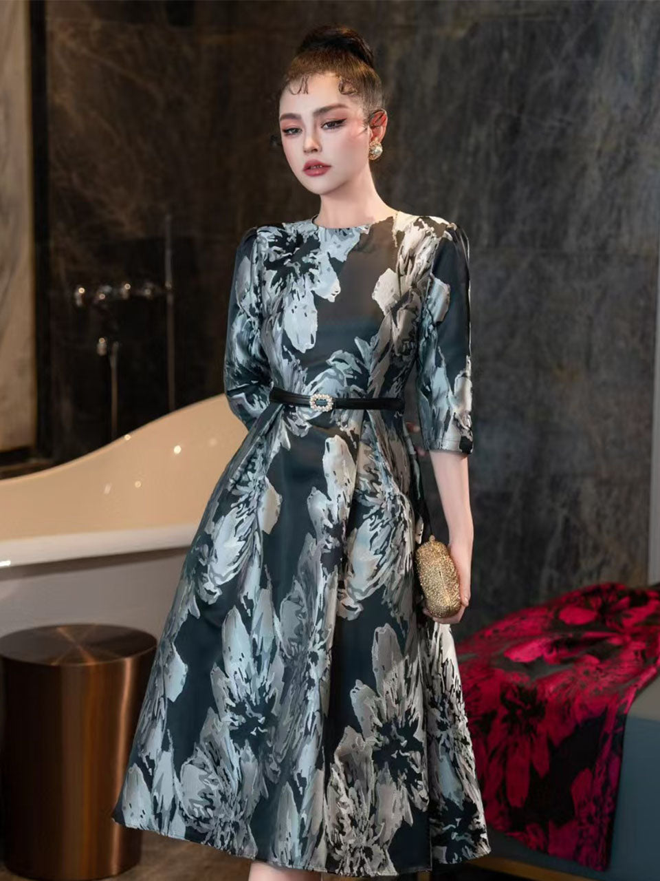 Yellow Luxury Print High Waist Swing Vintage Dress