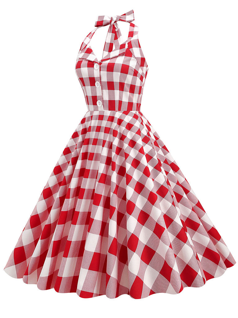 Red And White Plaid Pockets Vintage Halter 1950S Dress