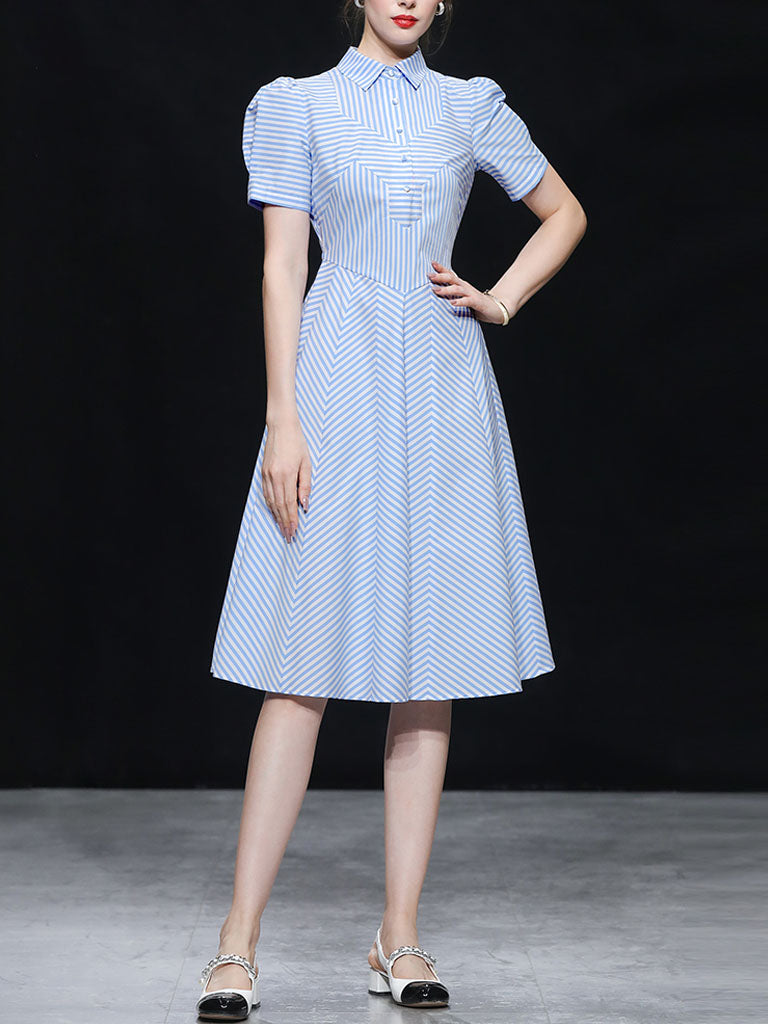 Blue Stripe Turn Down Collar 1950S Vintage Dress