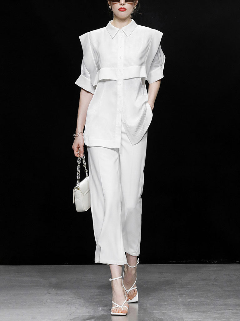 2PS Casual White Shirt And White Wide Leg Pants Ninth Pants Pants Set