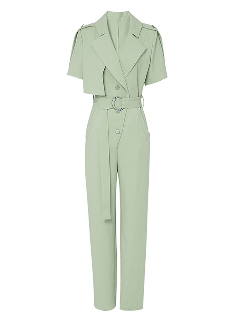 Lapel Collar Short Sleeve Asymmetric Design Belted Waist Jumpsuit
