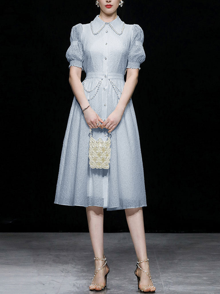 White Pearl Collar Romantic Floral Textured Shirt Dress