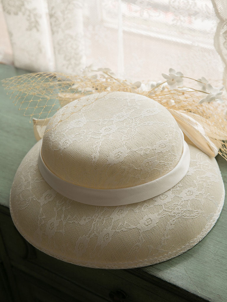 Beige Flower Bow Wedding Hat
