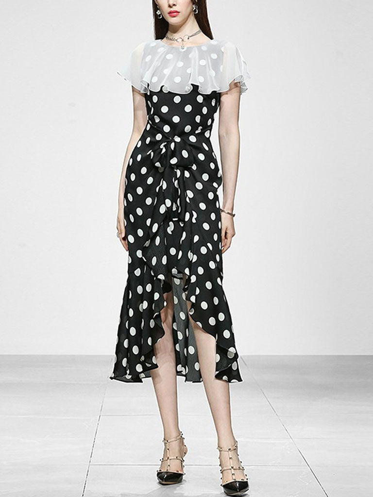 Black And White Polka Dot Vintage Lotus Leaf Cape Waist Slim Elegant Fishtail Dress