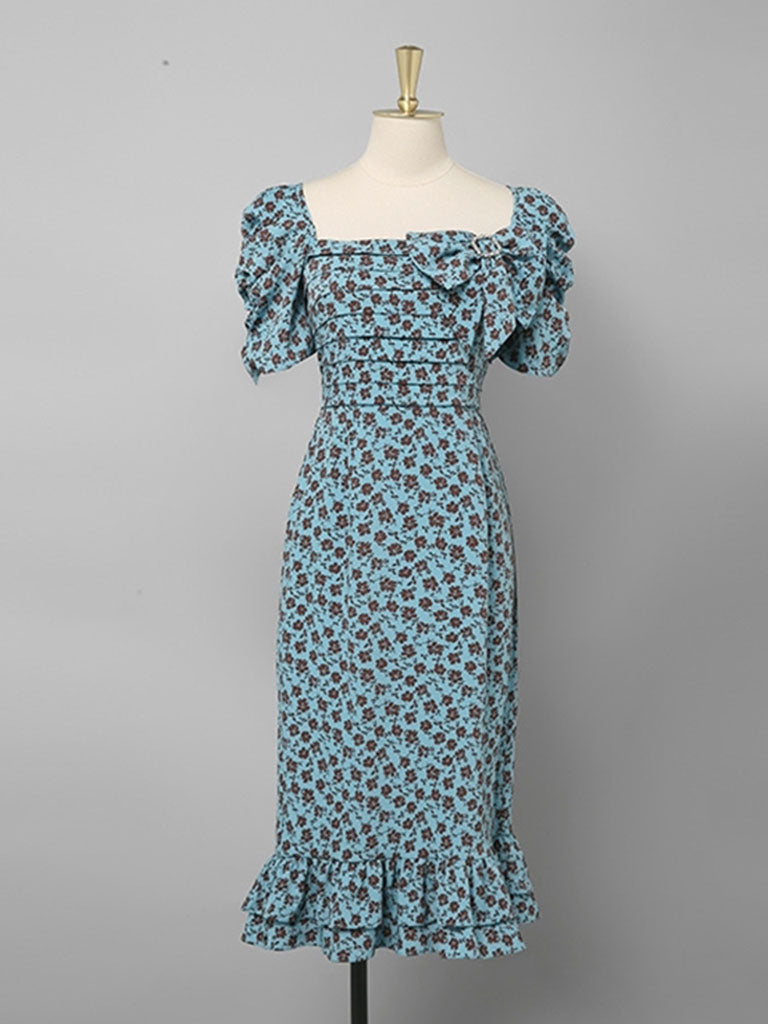 Blue Vintage Puff Sleeve Ruffled Floral Print Bow Summer Dress