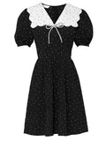 Polka Dot Doll Collar Puff Sleeves Mini Black Dress Vintage Style