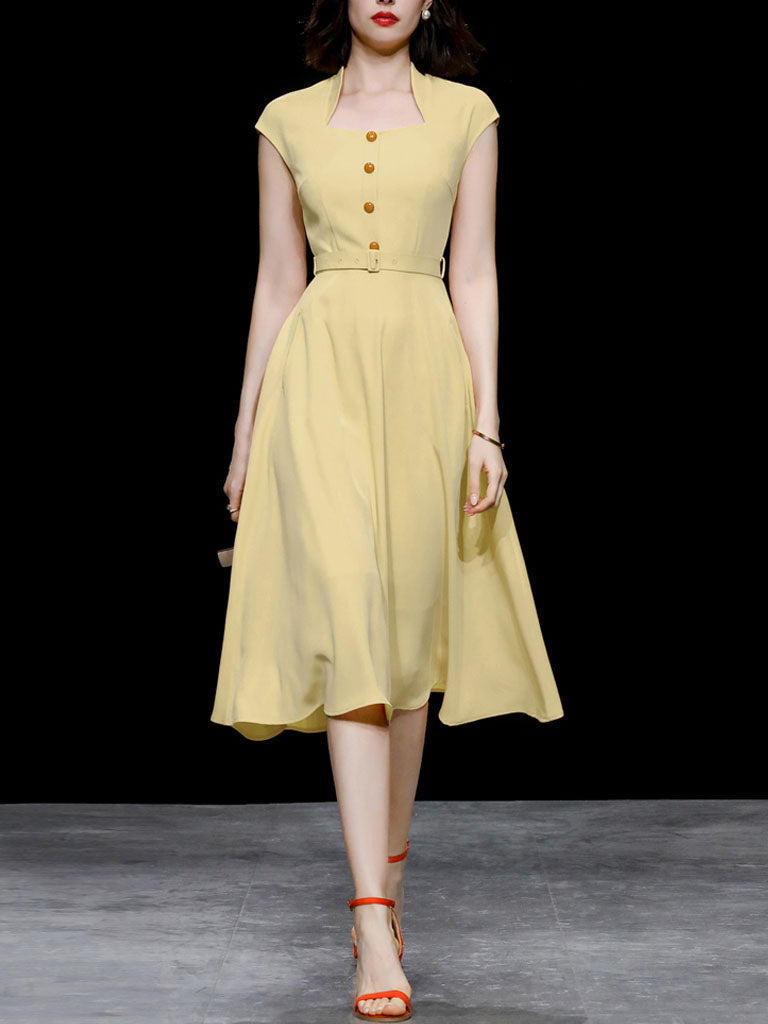 Retro Square Collar Hepburn Style Waist-length High-waisted Vintage 1950S Dress