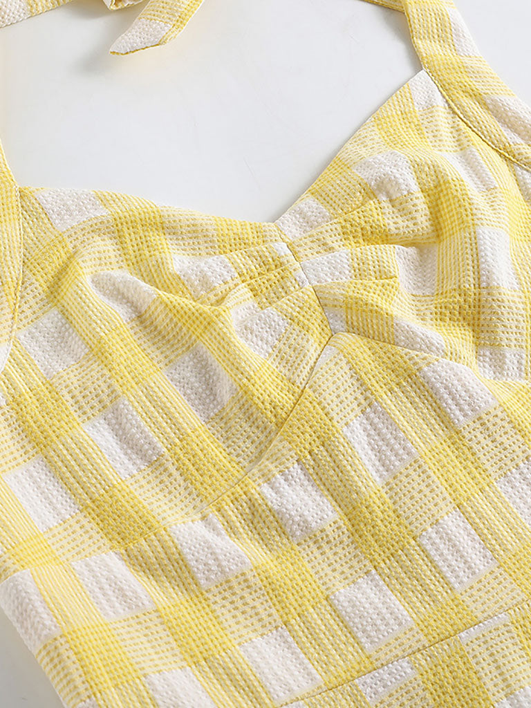 Yellow And White Plaid Halter Classis Style 1950S Dress Set