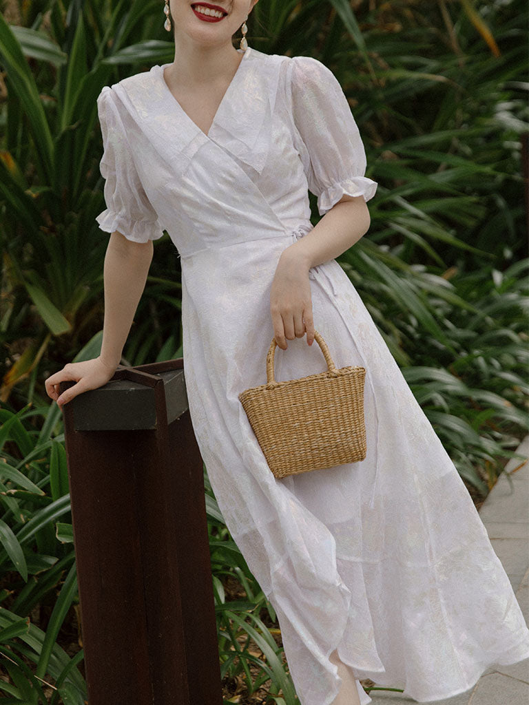 White Double Neck Puff Sleeve Wrap Dress