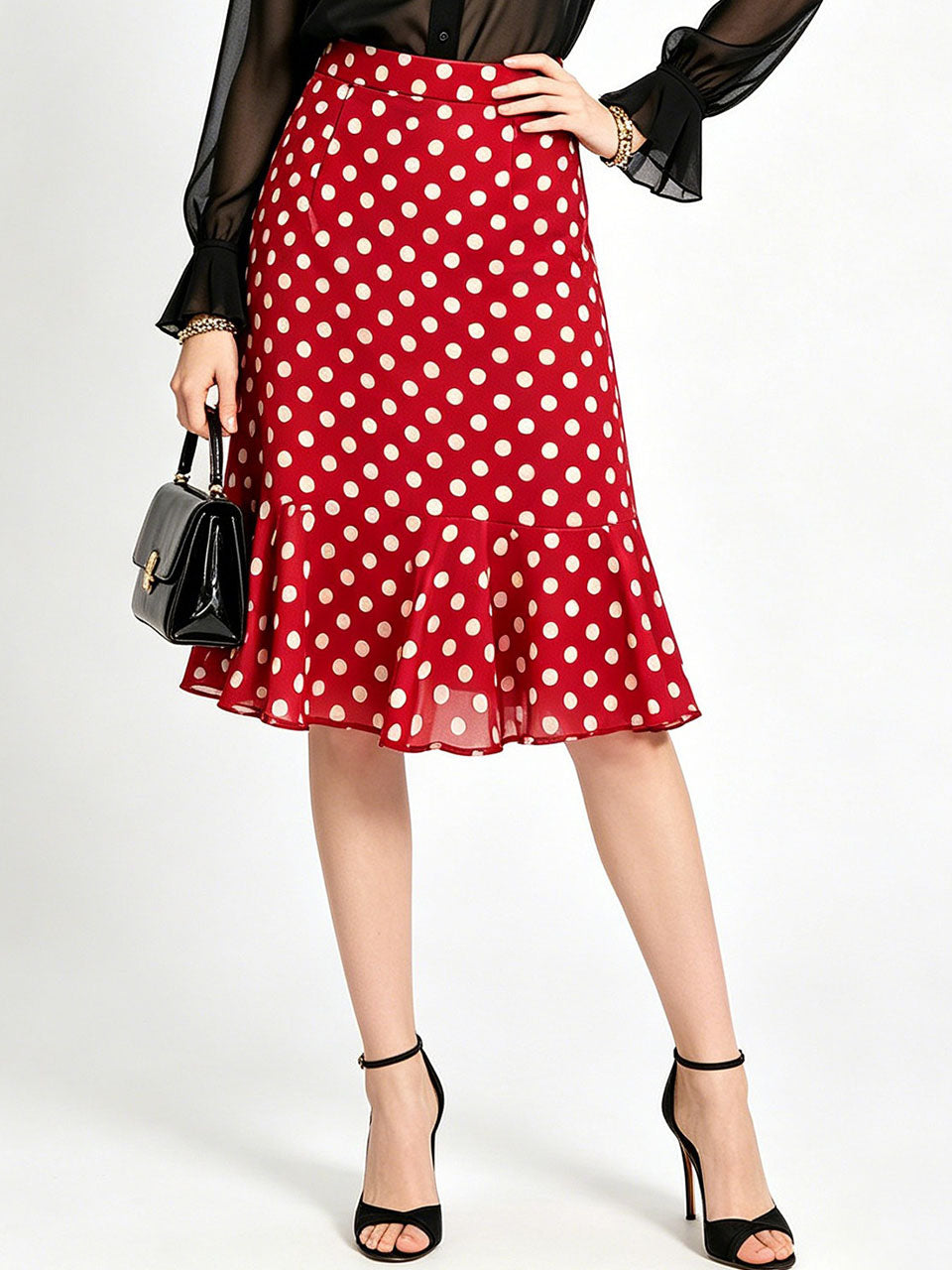 1950s Vintage Red Chiffon Shirt & Polka Dot Mermaid Midi Skirt Set
