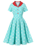 Turquoise Dot 50s Color-Blocking Dress