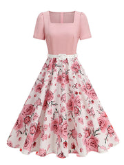 1950s Vintage Floral Print Sweetheart Audrey Hepburn Style Rockabilly Swing Dress