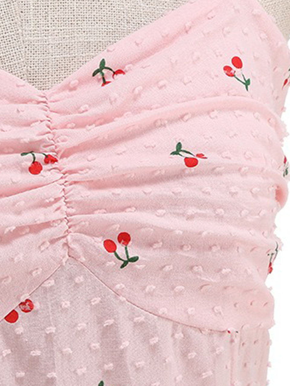 Vintage 1950s Pink Cherry Print Swiss Dot Spaghetti Straps Swing Dress