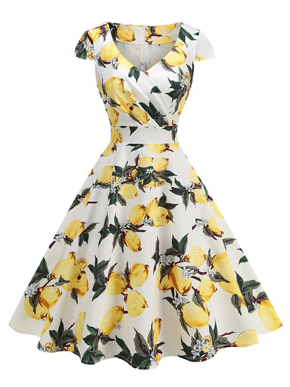 Vintage 1950s Lemon Print Cap Sleeve V Neck Rockabilly Swing Dress