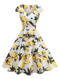 Vintage 1950s Lemon Print Cap Sleeve V Neck Rockabilly Swing Dress