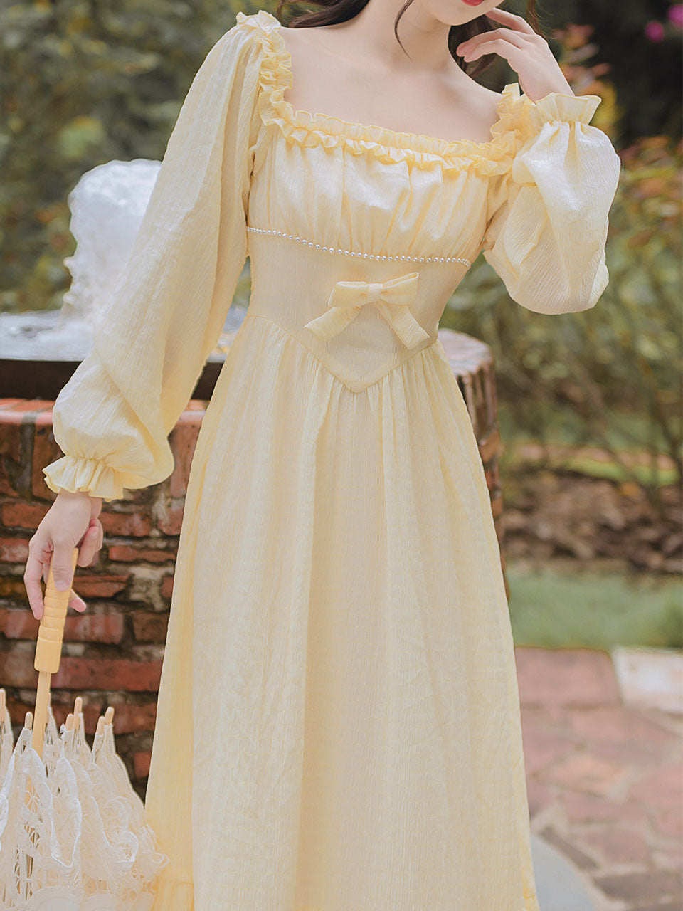 Yellow Pearl Square Neck Lace 1950S Swing Dress